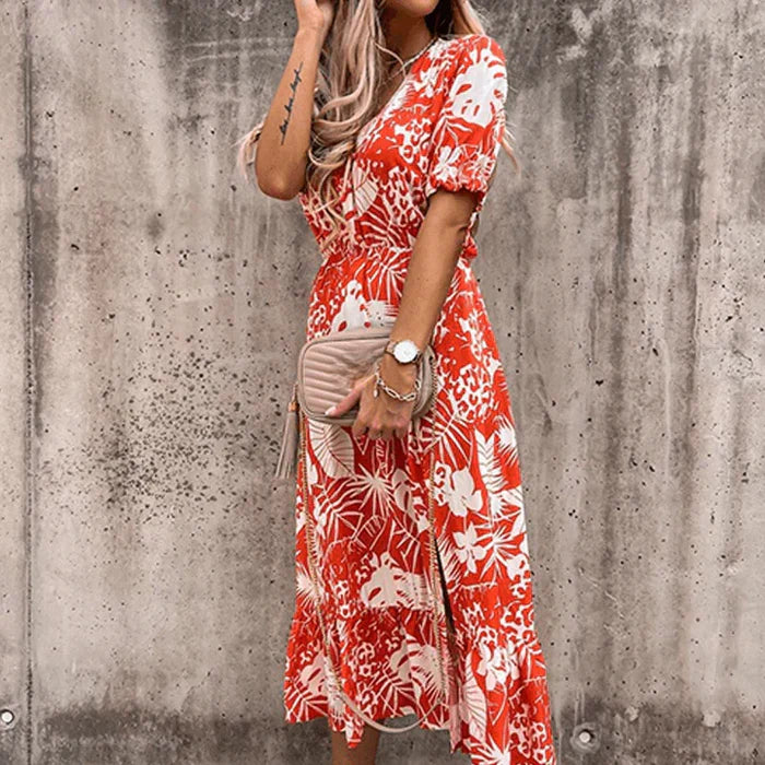 Isabella - Floral Maxi Dress with Puff Sleeves and Side Slit