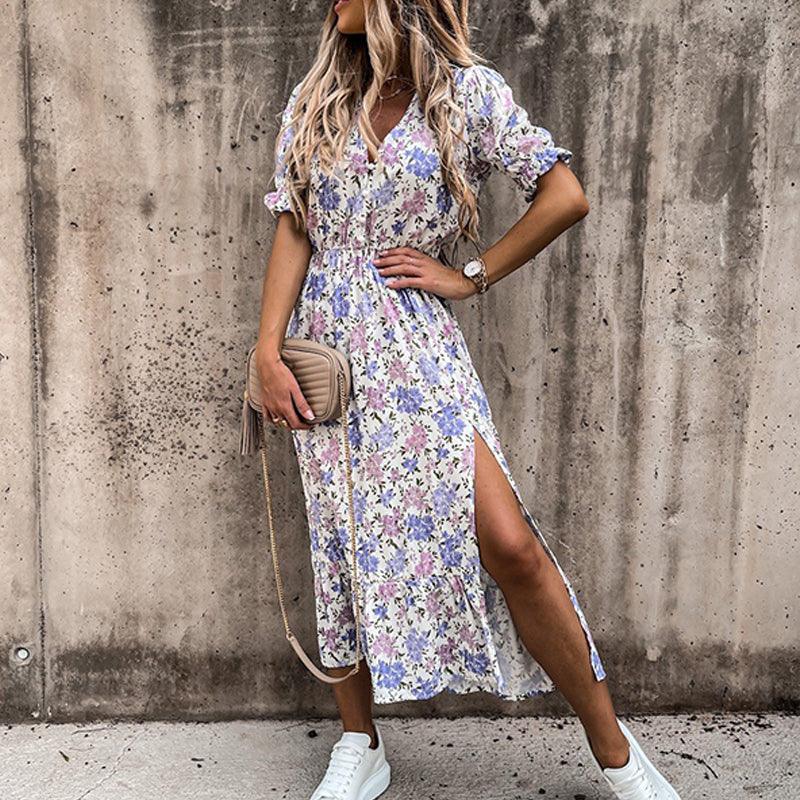 Isabella - Floral Maxi Dress with Puff Sleeves and Side Slit
