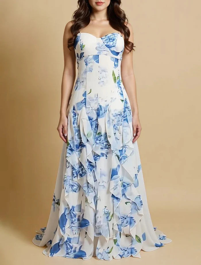 Isabelle – Ruffled Floral Maxi Dress with Sweetheart Neckline