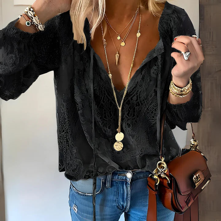 Nyra – Lace Boho Blouse with Deep V-Neckline and Sheer Long Sleeves