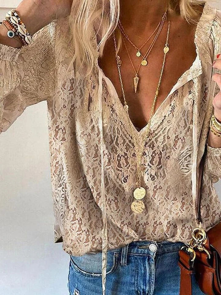 Nyra – Lace Boho Blouse with Deep V-Neckline and Sheer Long Sleeves