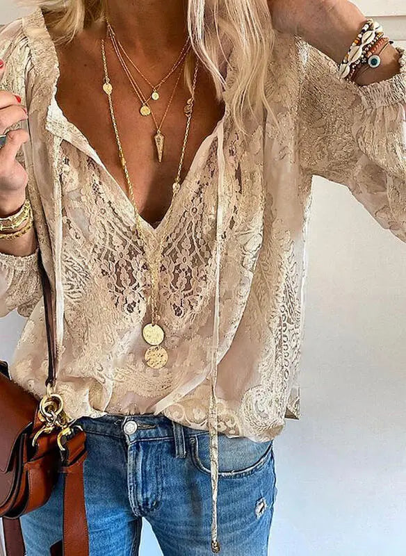 Nyra – Lace Boho Blouse with Deep V-Neckline and Sheer Long Sleeves