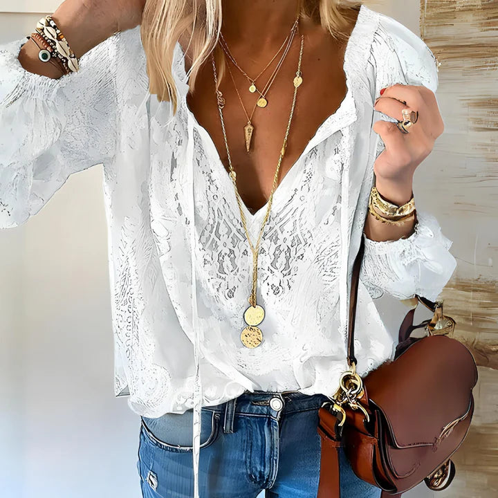 Nyra – Lace Boho Blouse with Deep V-Neckline and Sheer Long Sleeves