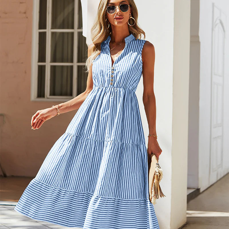 Isla – Sleeveless Maxi Dress with Button Front and Tiered Skirt