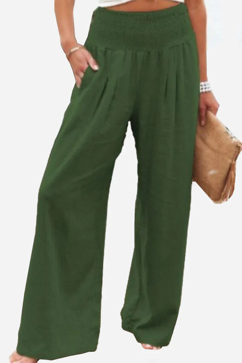 Isla – Wide Leg Trousers with Smocked Waist and Pleated Front