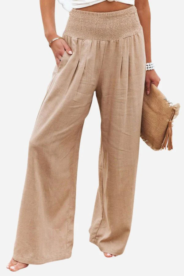 Isla – Wide Leg Trousers with Smocked Waist and Pleated Front