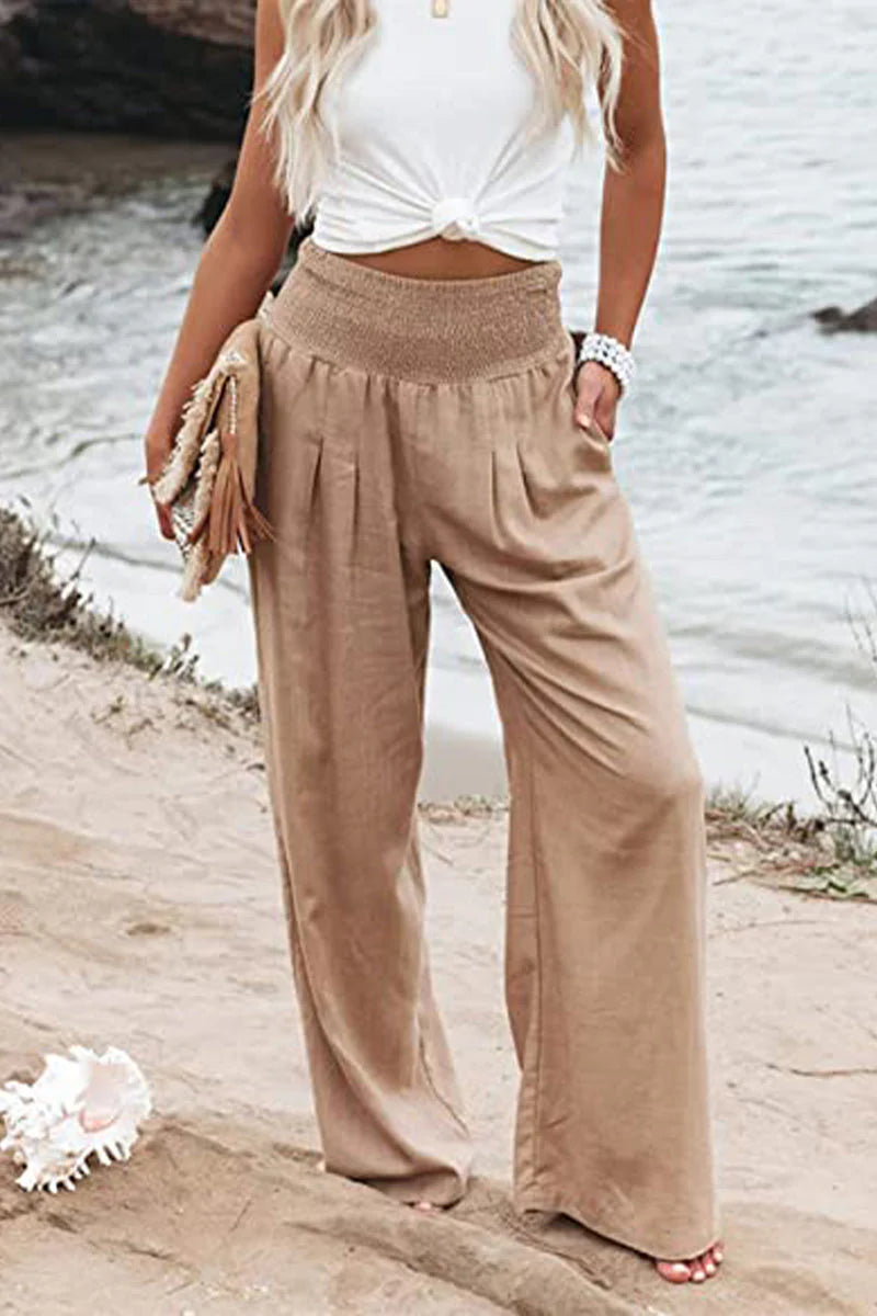 Isla – Wide Leg Trousers with Smocked Waist and Pleated Front