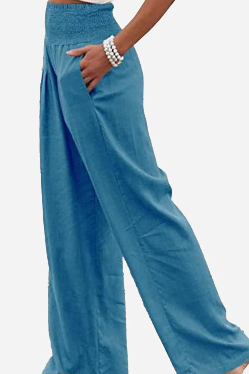 Isla – Wide Leg Trousers with Smocked Waist and Pleated Front