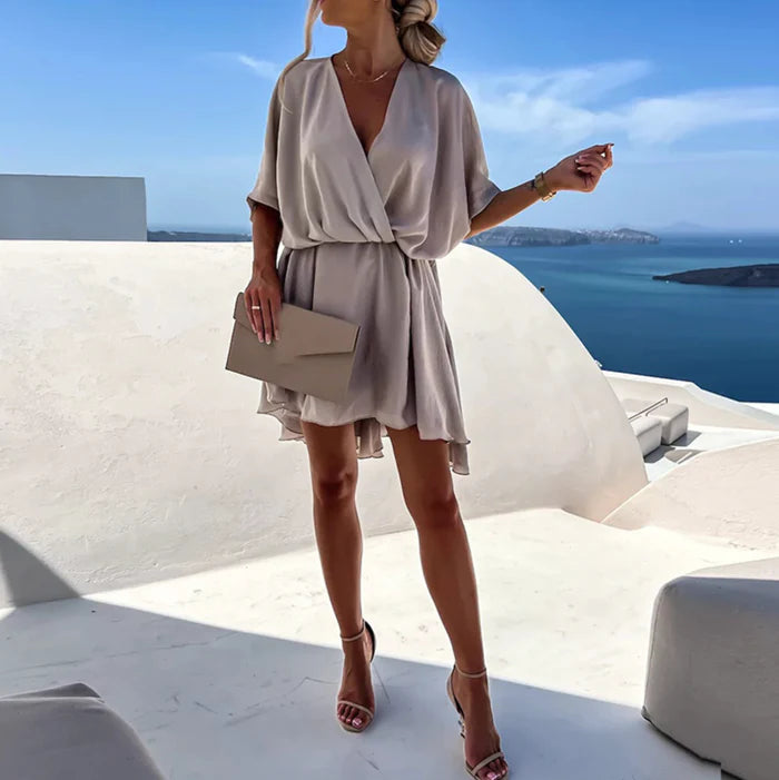 Isla – Wrap Mini Dress with Elastic Waist and Flowy Dolman Sleeves