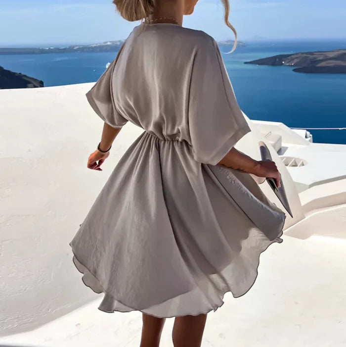 Isla – Wrap Mini Dress with Elastic Waist and Flowy Dolman Sleeves