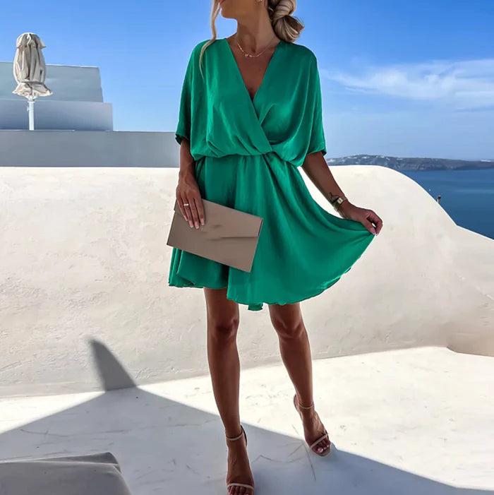 Isla – Wrap Mini Dress with Elastic Waist and Flowy Dolman Sleeves