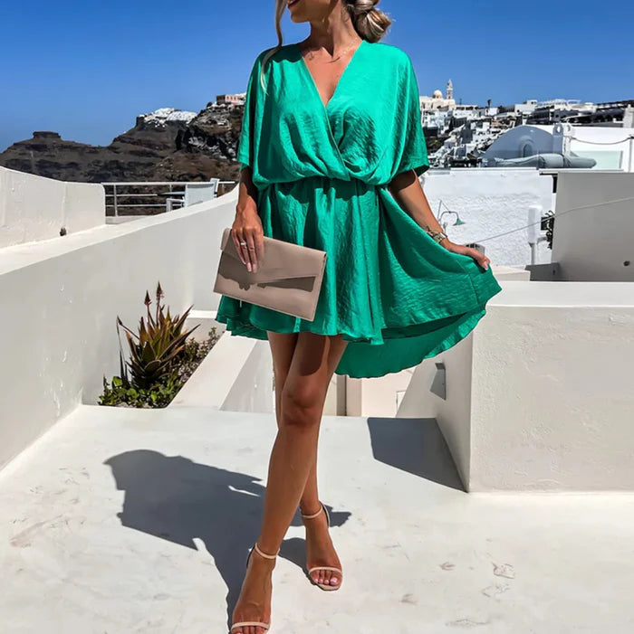 Isla – Wrap Mini Dress with Elastic Waist and Flowy Dolman Sleeves