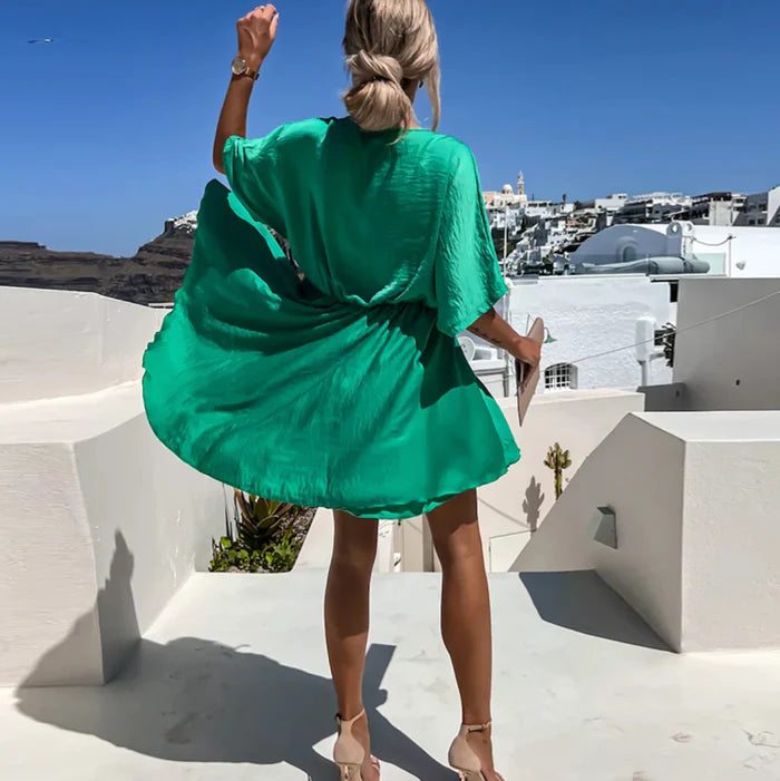 Isla – Wrap Mini Dress with Elastic Waist and Flowy Dolman Sleeves