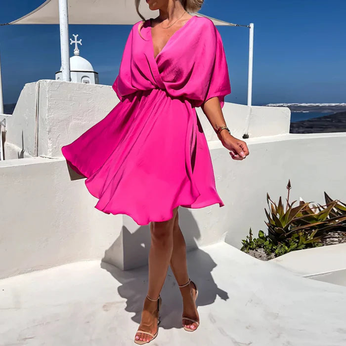 Isla – Wrap Mini Dress with Elastic Waist and Flowy Dolman Sleeves