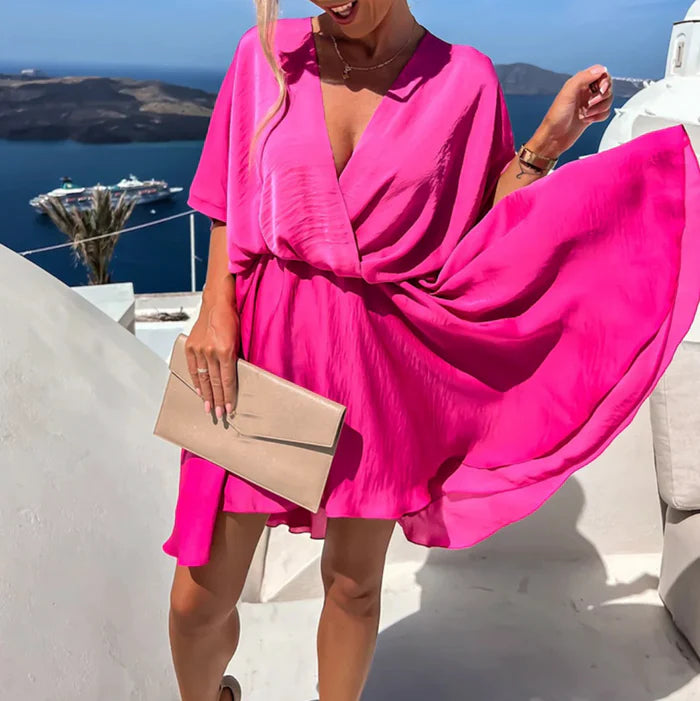 Isla – Wrap Mini Dress with Elastic Waist and Flowy Dolman Sleeves