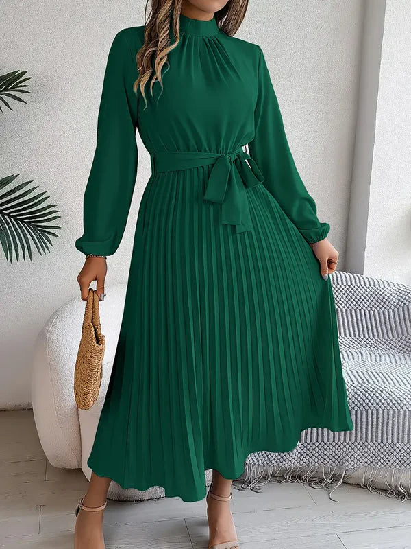 Ivy - Minimalist Midi Dress with Belted Fit and Flowing Pleats