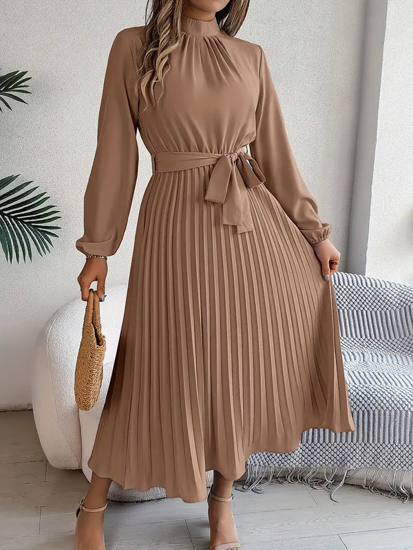 Ivy - Minimalist Midi Dress with Belted Fit and Flowing Pleats