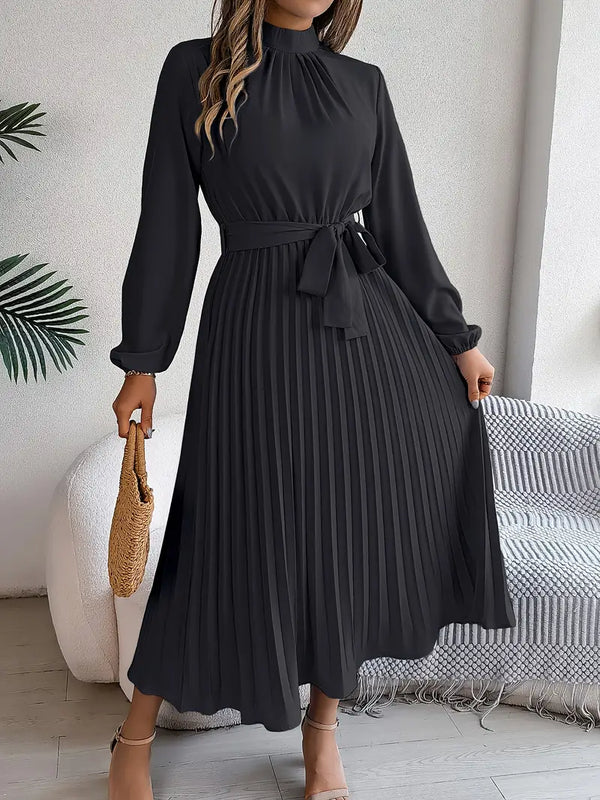 Ivy - Minimalist Midi Dress with Belted Fit and Flowing Pleats