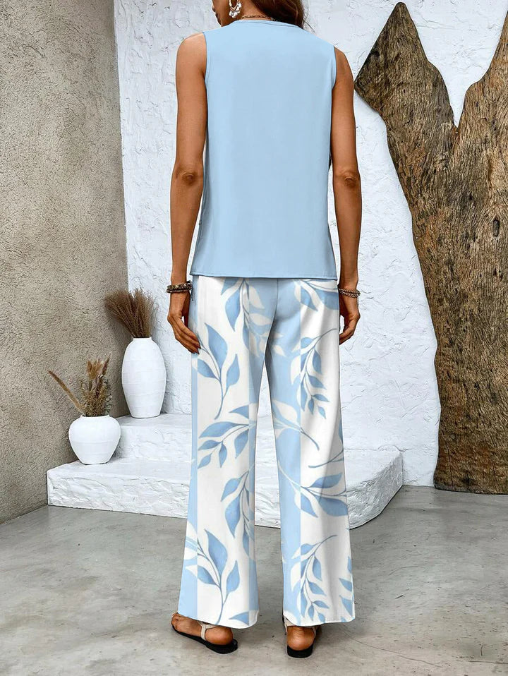 Jade - Sleeveless Two-Piece Set with Layered Top and Wide-Leg Print Pants