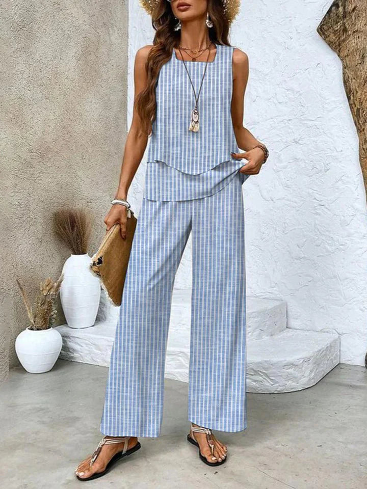 Jade - Sleeveless Two-Piece Set with Layered Top and Wide-Leg Print Pants