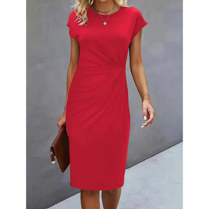 Leah – Timeless Midi Dress with Tailored Fit and Draped Waist