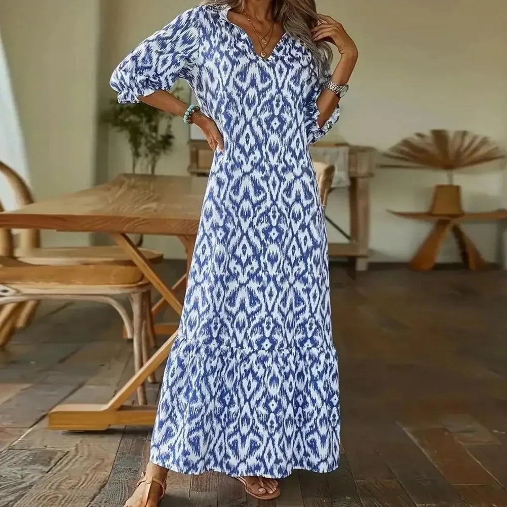 Lena – Bohemian Maxi Dress with Abstract Print and V-Neckline