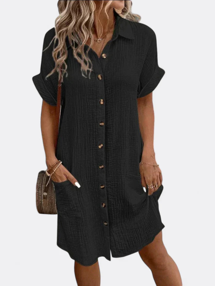 Lena – Button-Down Shirt Dress with Rolled Sleeves and Patch Pockets