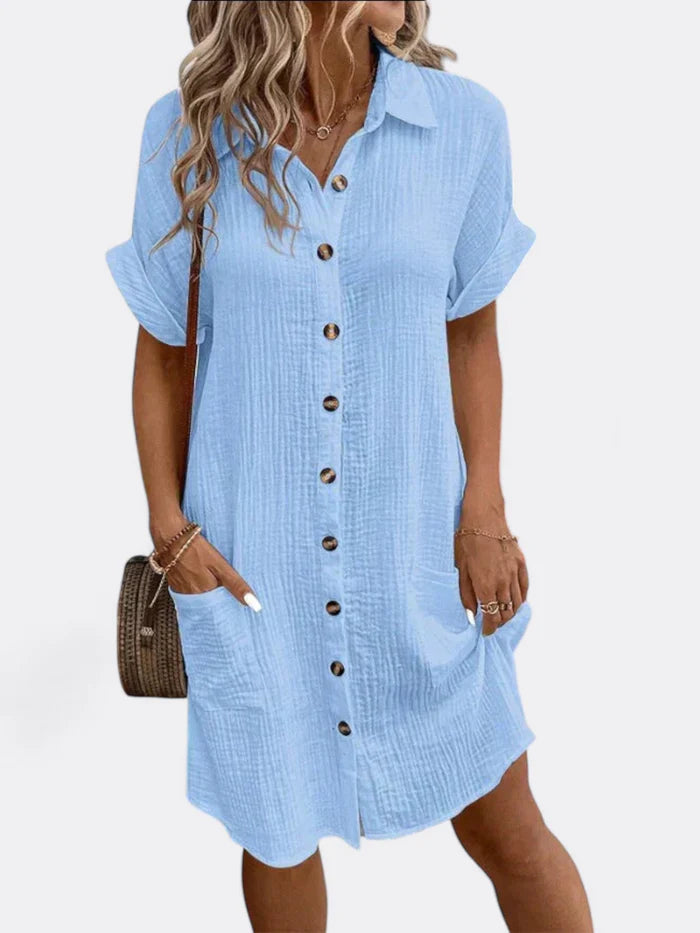 Lena – Button-Down Shirt Dress with Rolled Sleeves and Patch Pockets