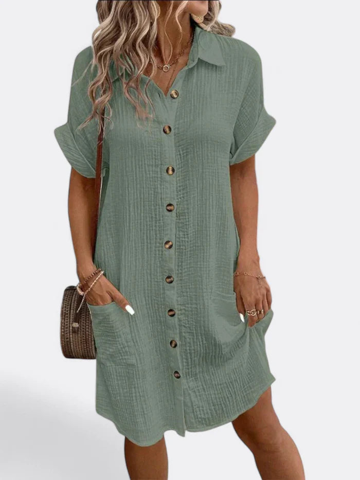 Lena – Button-Down Shirt Dress with Rolled Sleeves and Patch Pockets