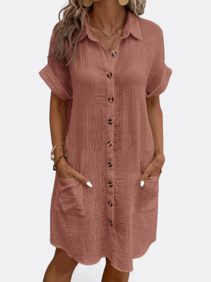 Lena – Button-Down Shirt Dress with Rolled Sleeves and Patch Pockets