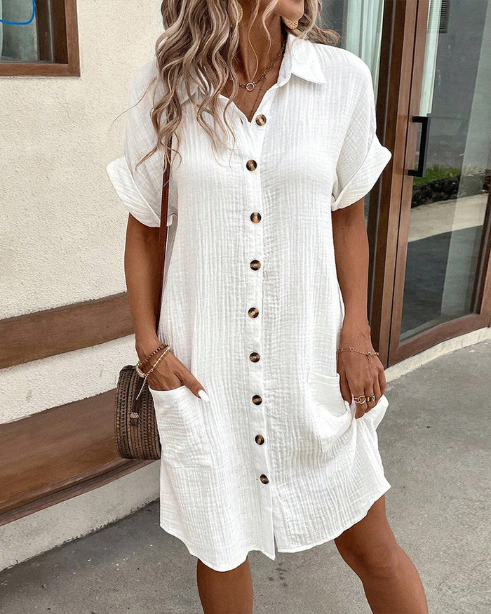 Lena – Button-Down Shirt Dress with Rolled Sleeves and Patch Pockets