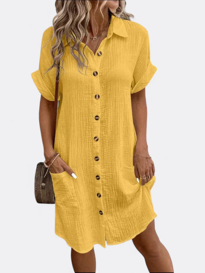 Lena – Button-Down Shirt Dress with Rolled Sleeves and Patch Pockets