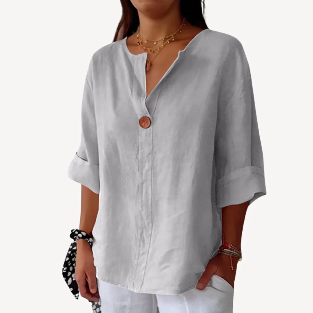 Mirelle – Minimalist Top with Notch Neckline and Button Accent