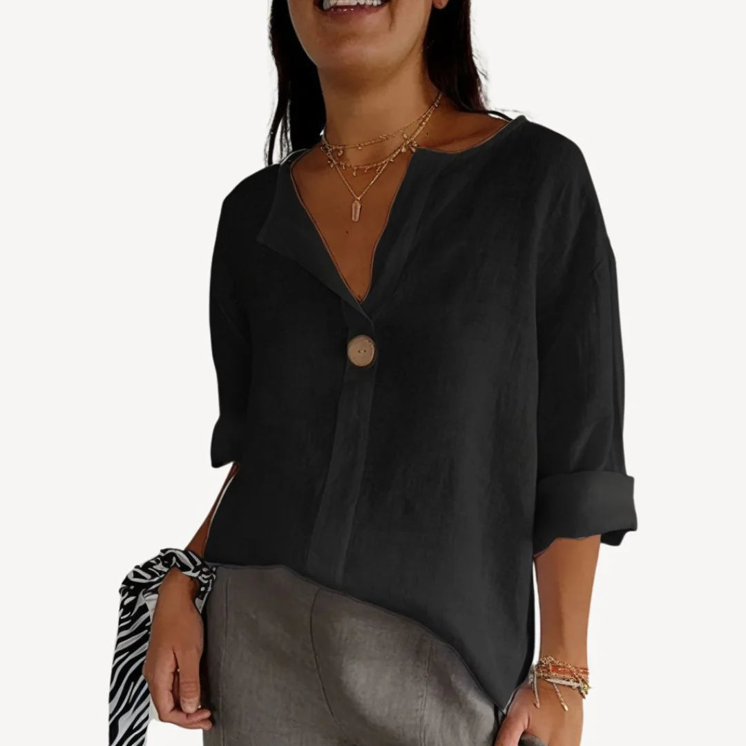 Mirelle – Minimalist Top with Notch Neckline and Button Accent