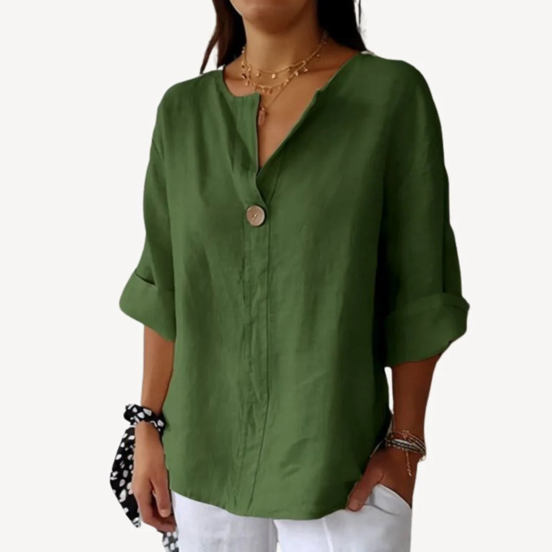Mirelle – Minimalist Top with Notch Neckline and Button Accent