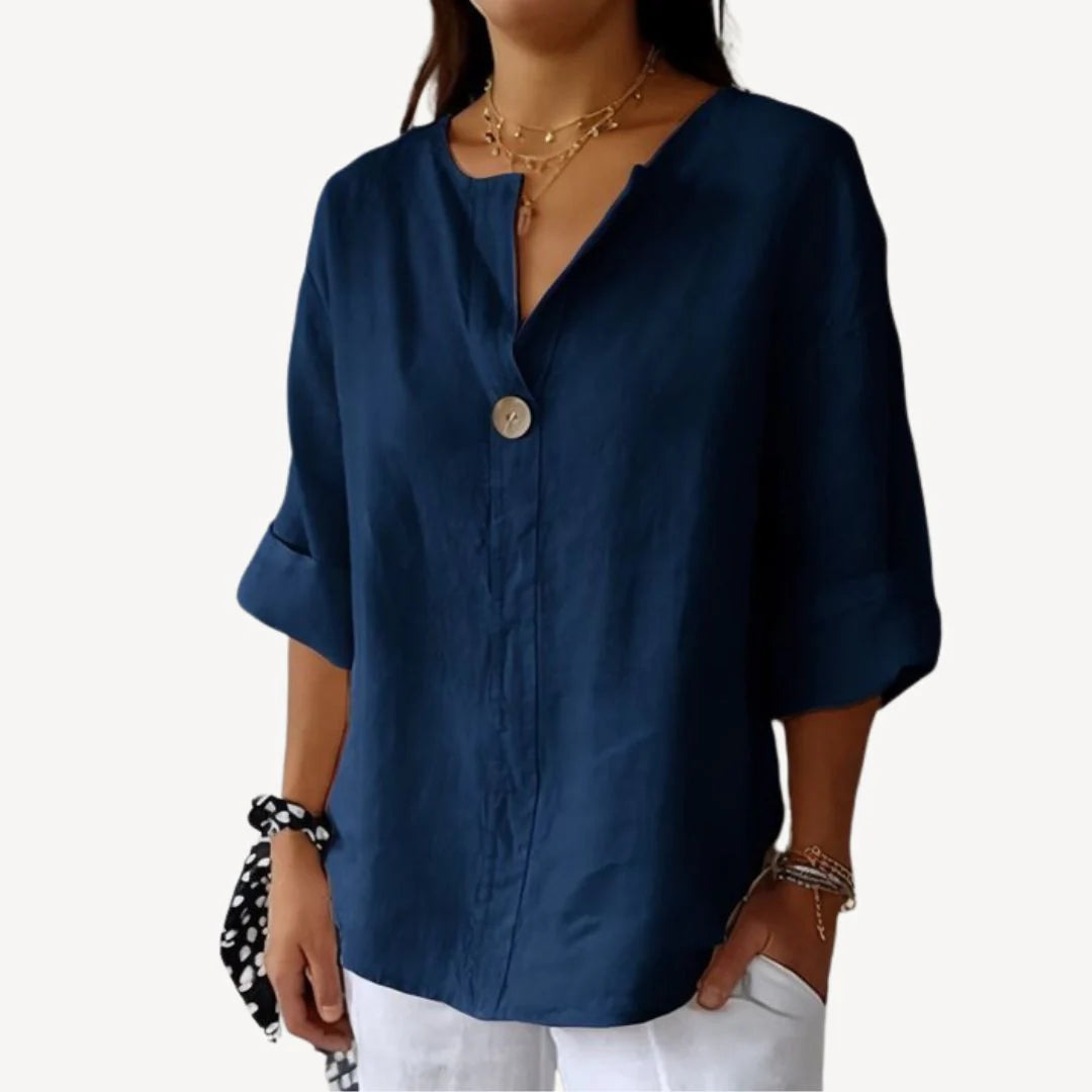 Mirelle – Minimalist Top with Notch Neckline and Button Accent