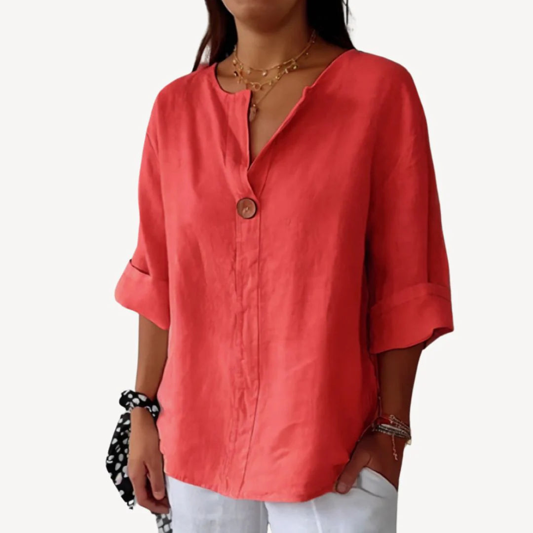Mirelle – Minimalist Top with Notch Neckline and Button Accent