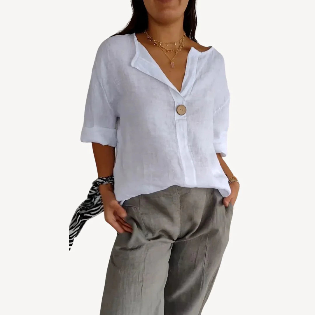 Mirelle – Minimalist Top with Notch Neckline and Button Accent