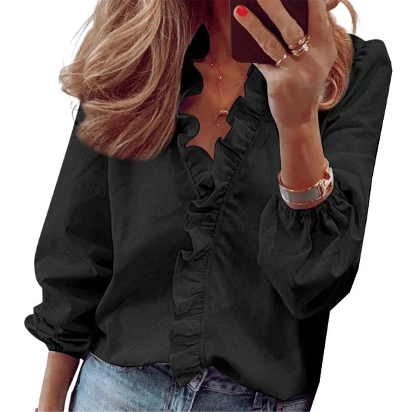 Lena – Ruffled V-Neck Blouse with Long Puff Sleeves