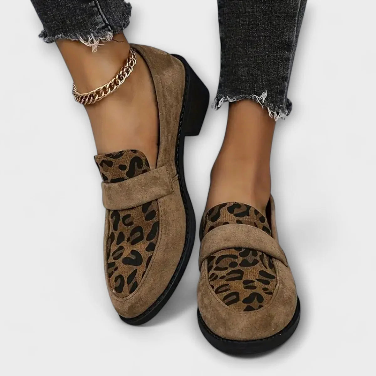 Lena – Loafers with Leopard Print Panel and Block Heel
