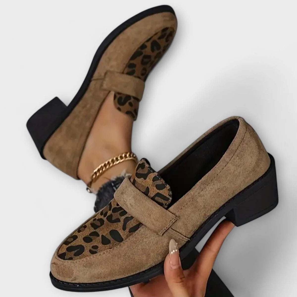 Lena – Loafers with Leopard Print Panel and Block Heel