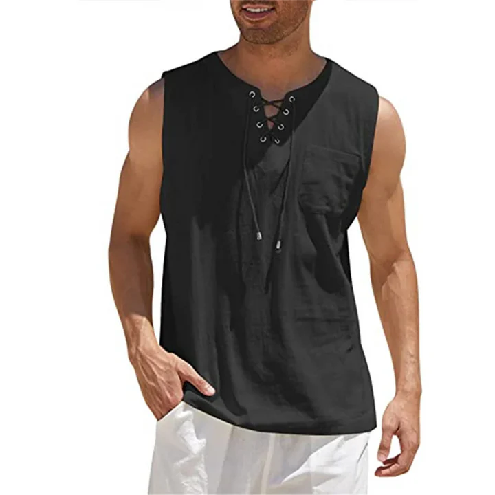 Leo – Sleeveless Henley Shirt with Lace-Up Neck and Chest Pocket