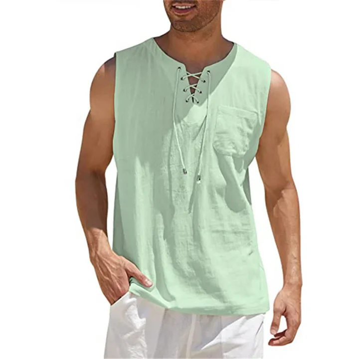 Leo – Sleeveless Henley Shirt with Lace-Up Neck and Chest Pocket