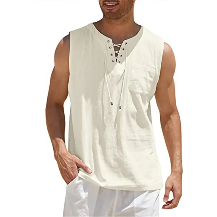 Leo – Sleeveless Henley Shirt with Lace-Up Neck and Chest Pocket
