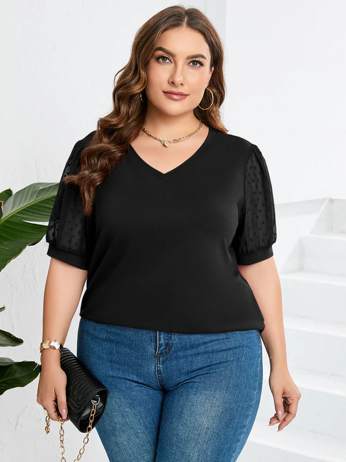 Leona - Puff Sleeve V-Neck Top with Sheer Polka Dot Sleeves