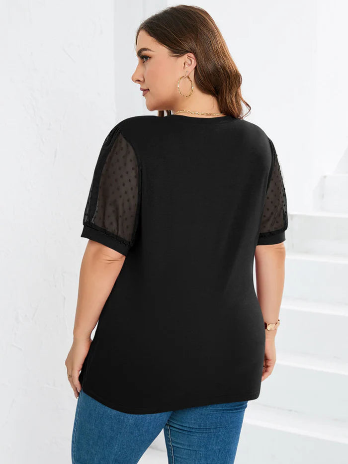 Leona - Puff Sleeve V-Neck Top with Sheer Polka Dot Sleeves