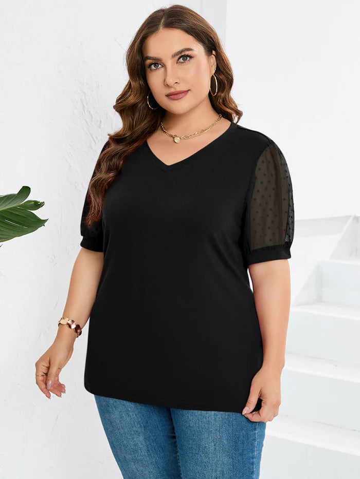Leona - Puff Sleeve V-Neck Top with Sheer Polka Dot Sleeves