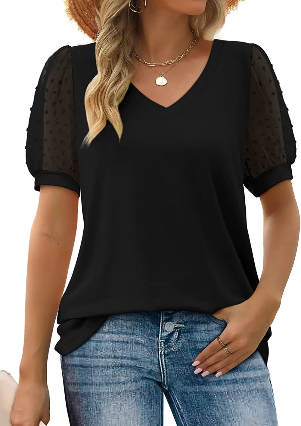 Leona - Puff Sleeve V-Neck Top with Sheer Polka Dot Sleeves