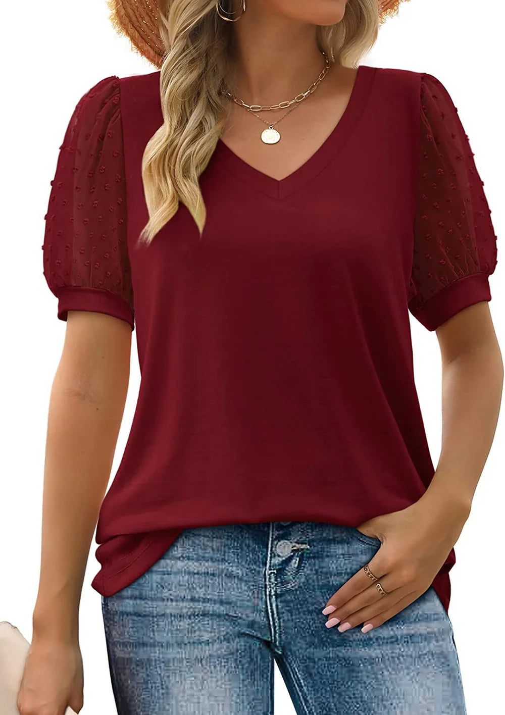 Leona - Puff Sleeve V-Neck Top with Sheer Polka Dot Sleeves