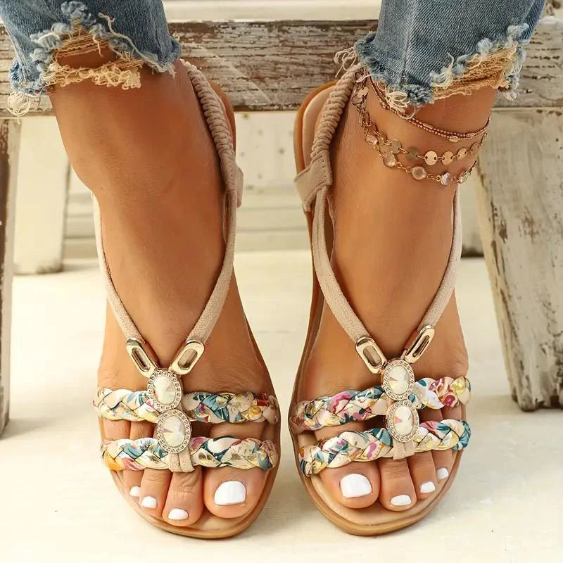 Leyna – Boho Flat Sandals with Braided Straps and Gem Embellishments